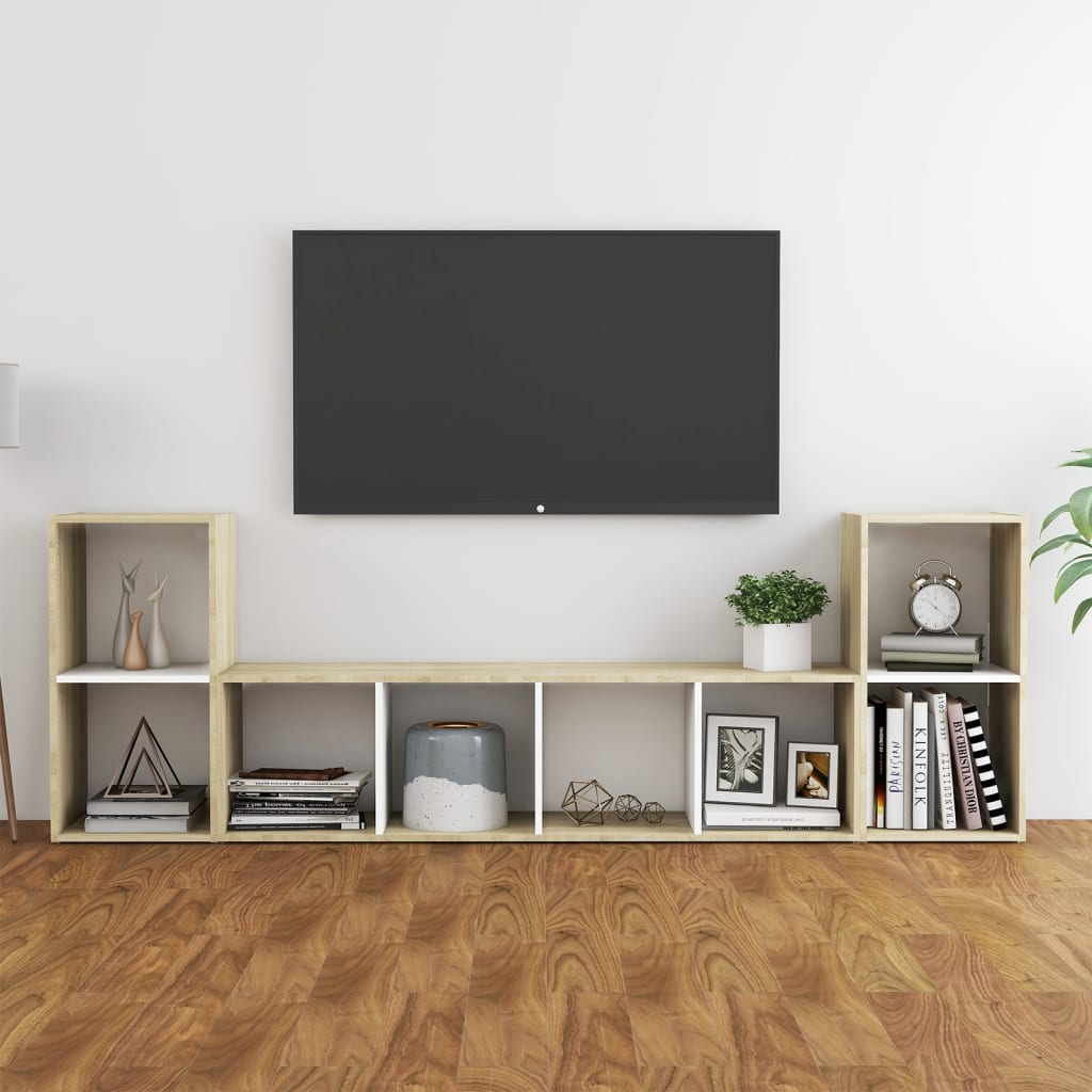 3 Piece TV Stand Set White and Sonoma Oak Engineered Wood