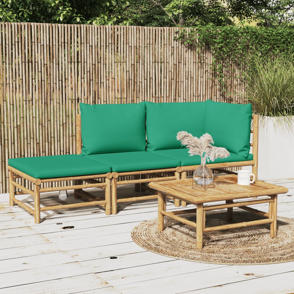 3 Piece Patio Lounge Set with Green Cushions Bamboo