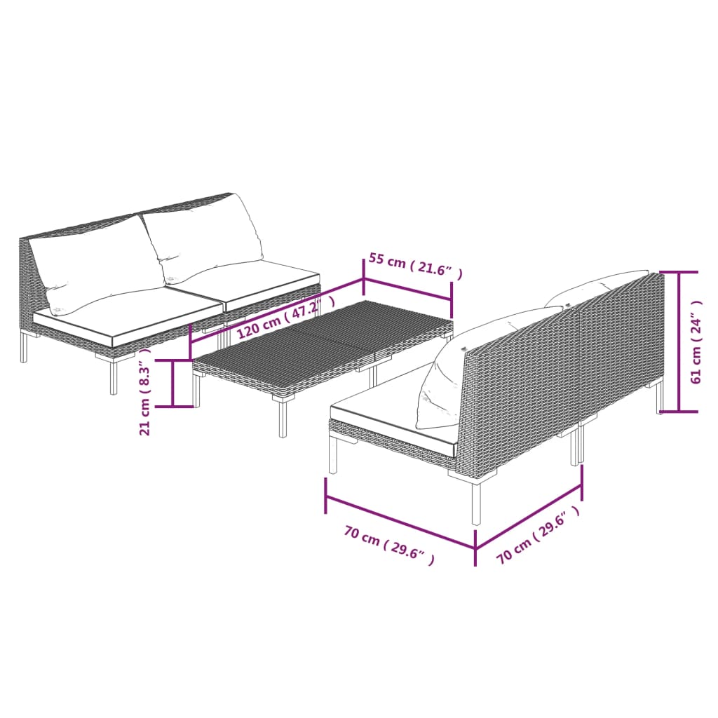 5 Piece Patio Lounge Set with Cushions Poly Rattan Dark Gray