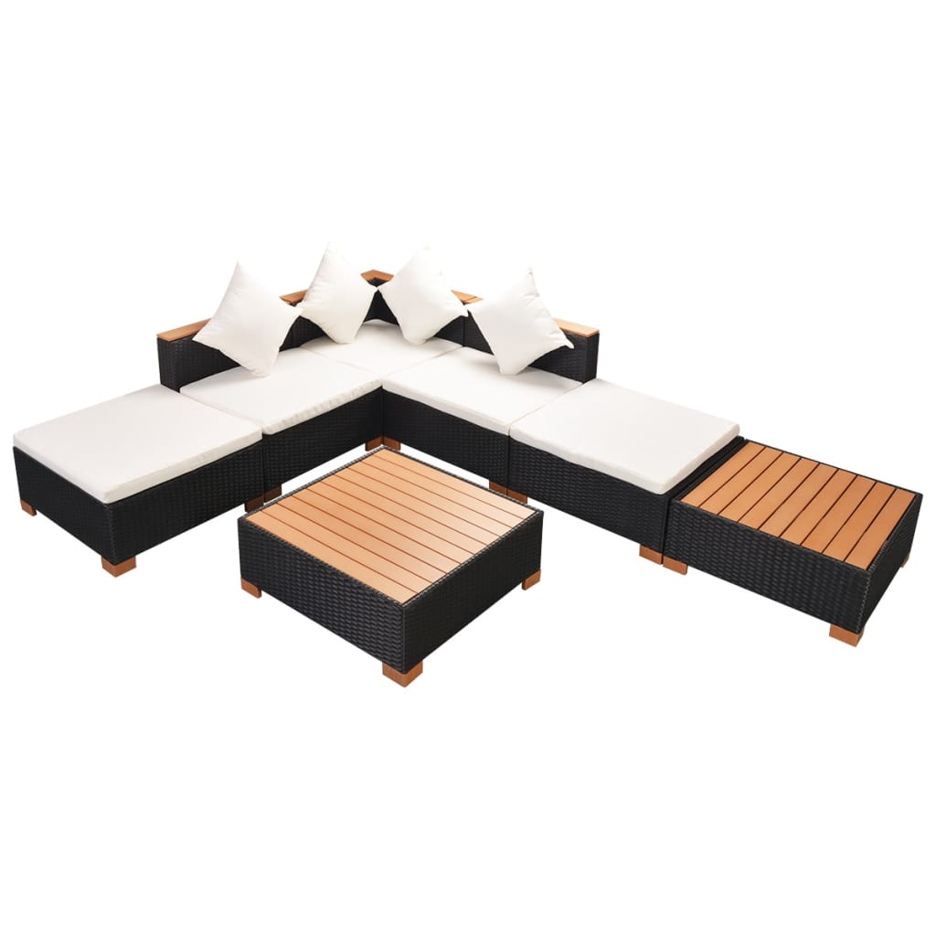 7 Piece Patio Lounge Set with Cushions Poly Rattan Black