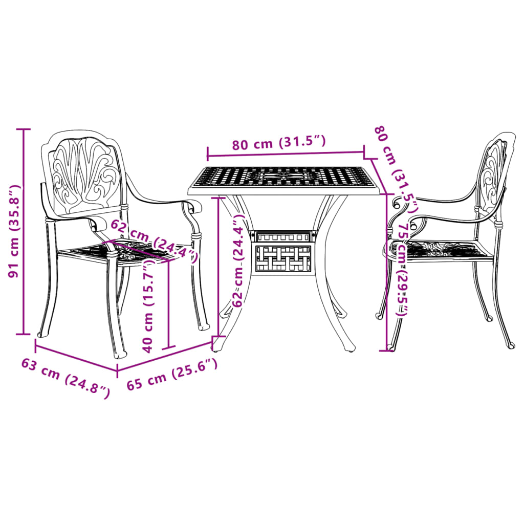 3 Piece Bistro Set White Cast Aluminum