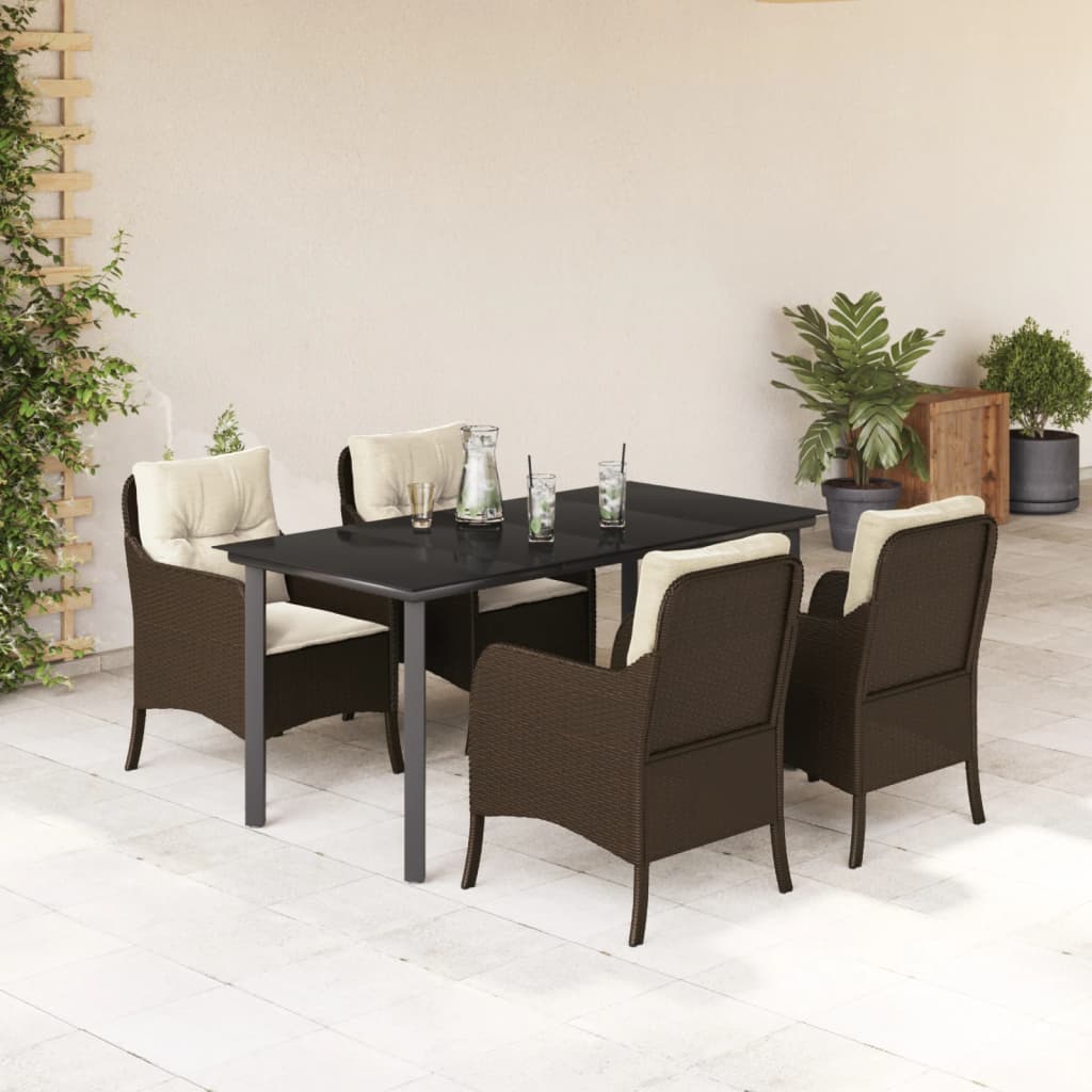 5 Piece Patio Dining Set with Cushions Brown Poly Rattan