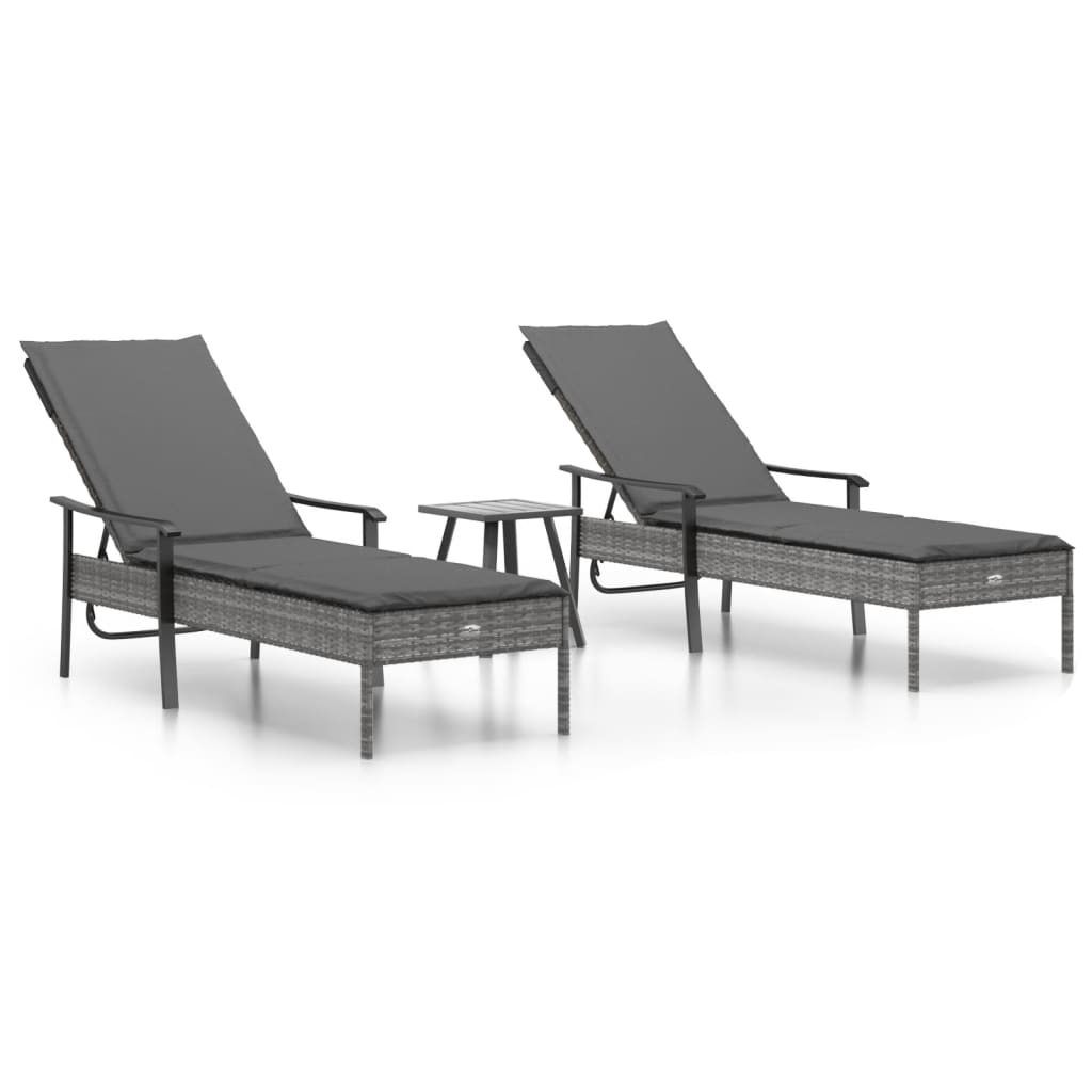 Sun Loungers 2 pcs with Table and Cushions Gray Poly Rattan