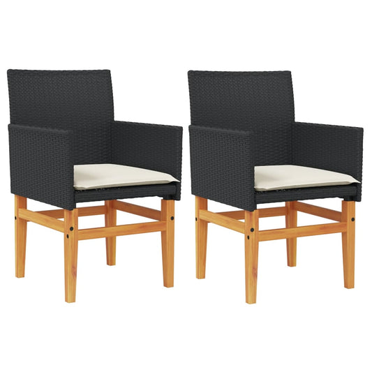 Patio Chairs with Cushions 2 pcs Black Poly Rattan&Solid Wood