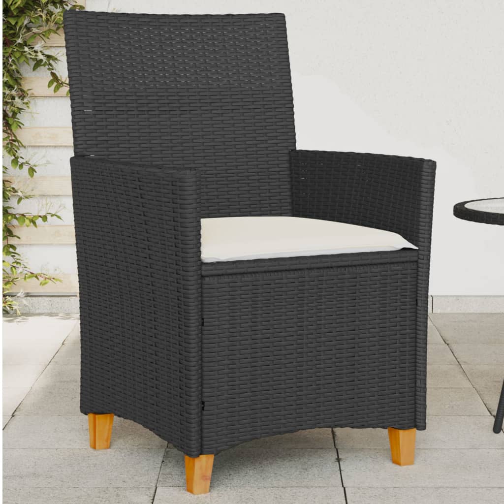 Patio Chairs with Cushions 2 pcs Black Poly Rattan&Solid Wood