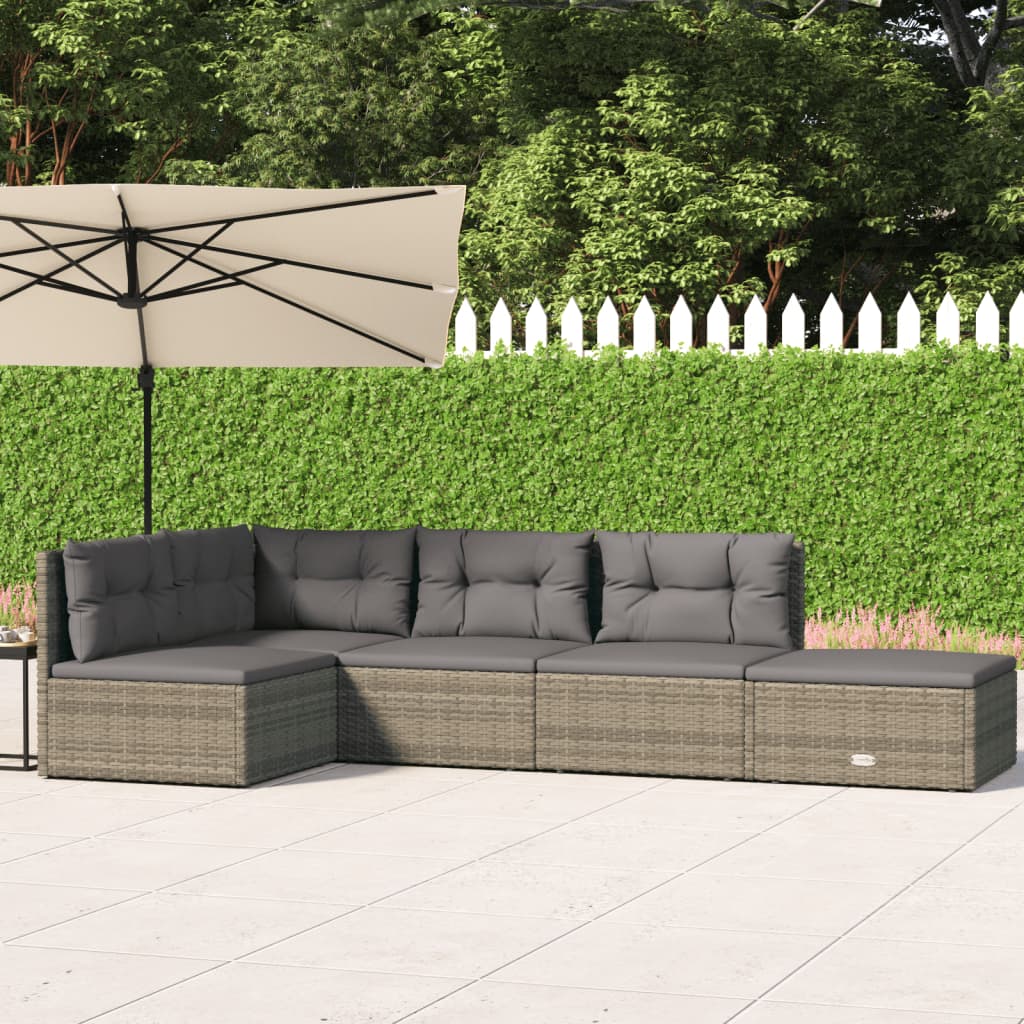 5 Piece Patio Lounge Set with Cushions Gray Poly Rattan