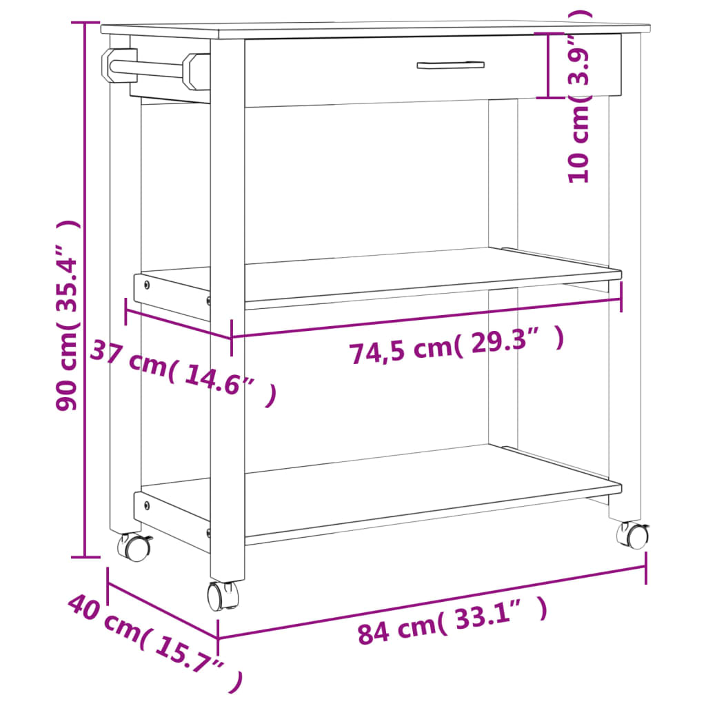 Kitchen Trolley MONZA 33.1"x15.7"x35.4" Solid Wood Pine