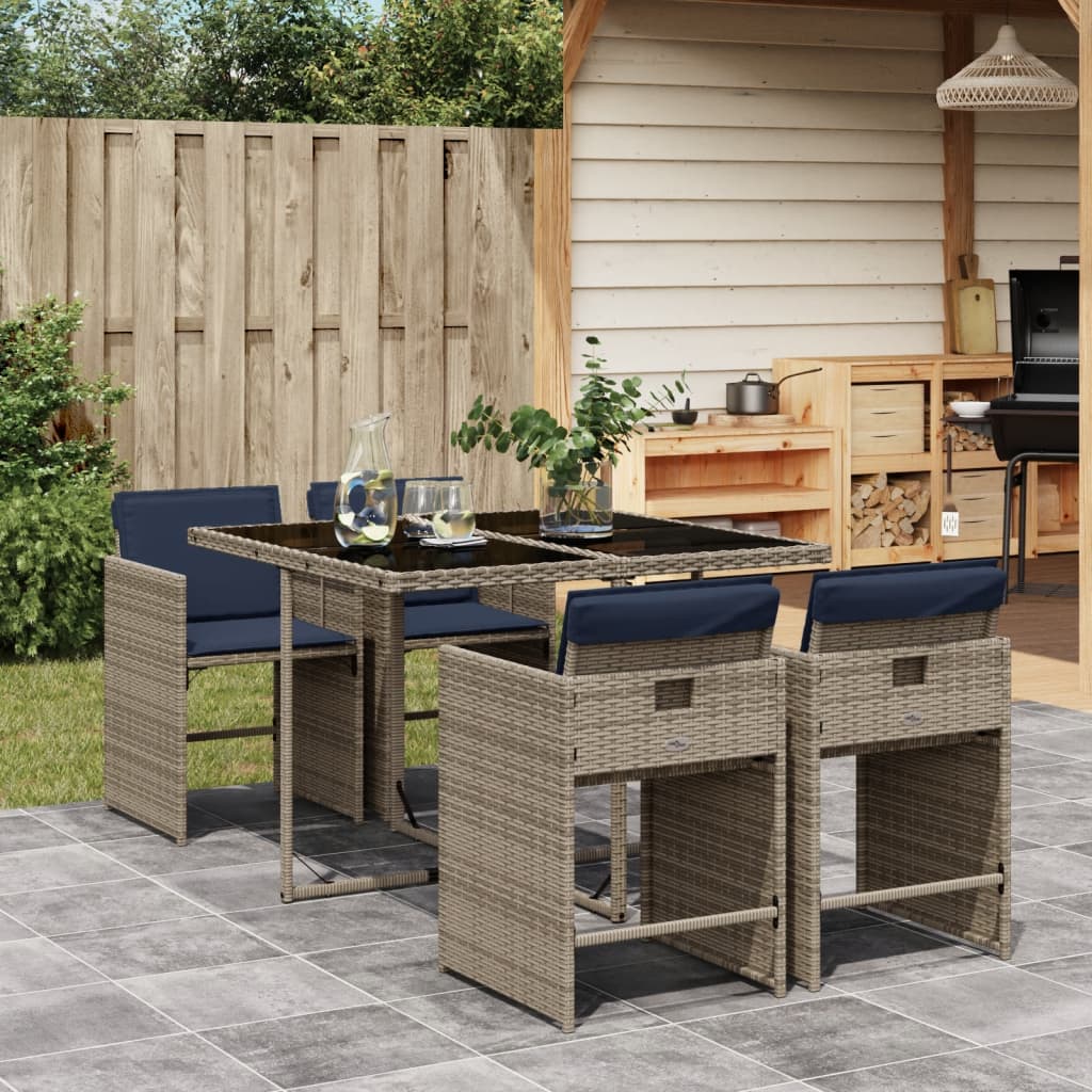 5 Piece Patio Dining Set with Cushions Gray Poly Rattan