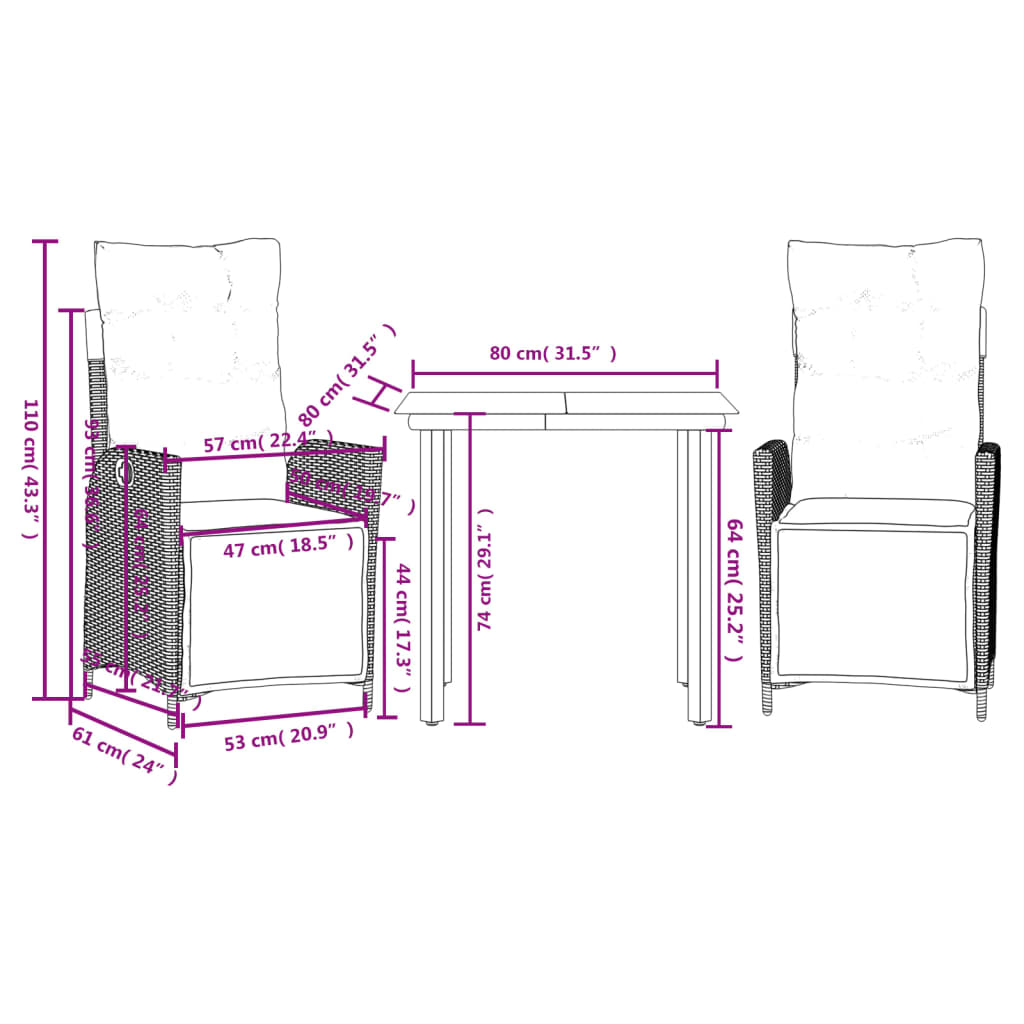 3 Piece Patio Dining Set with Cushions Gray Poly Rattan