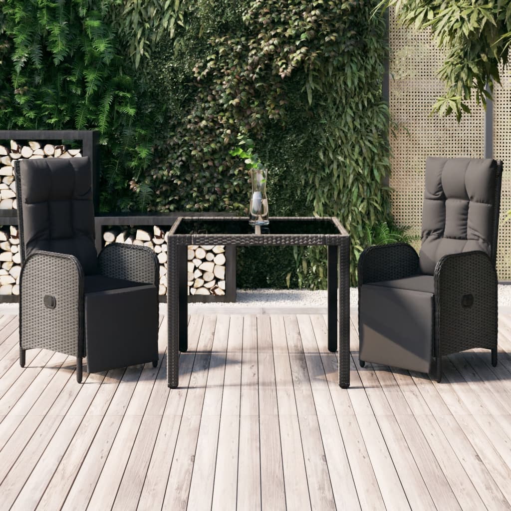 3 Piece Patio Dining Set with Cushions Black Poly Rattan