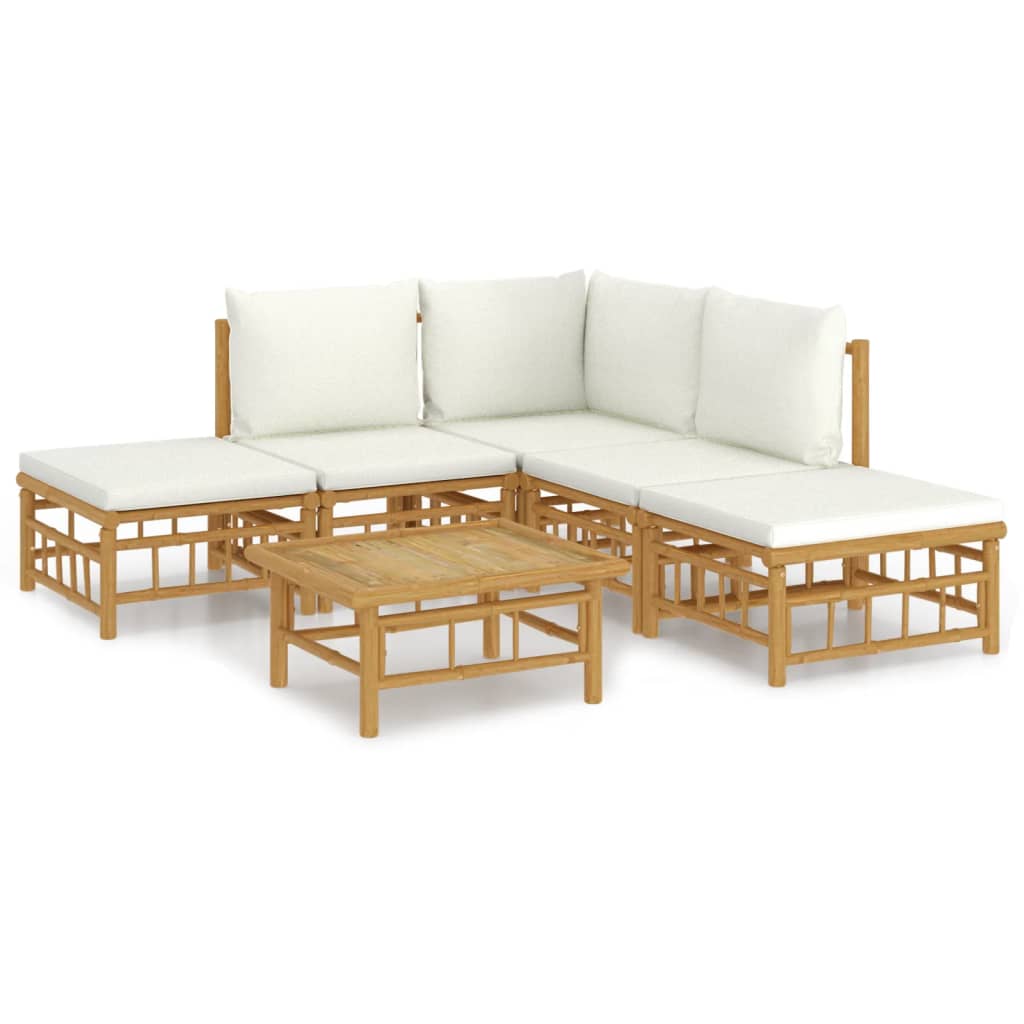 6 Piece Patio Lounge Set with Cream White Cushions Bamboo