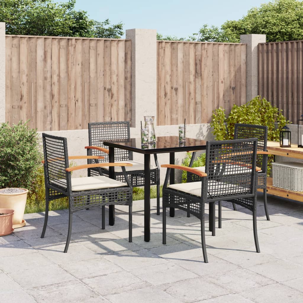 5 Piece Patio Dining Set with Cushions Black Poly Rattan