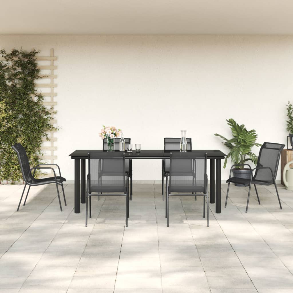 7 Piece Patio Dining Set Black Steel and Textilene