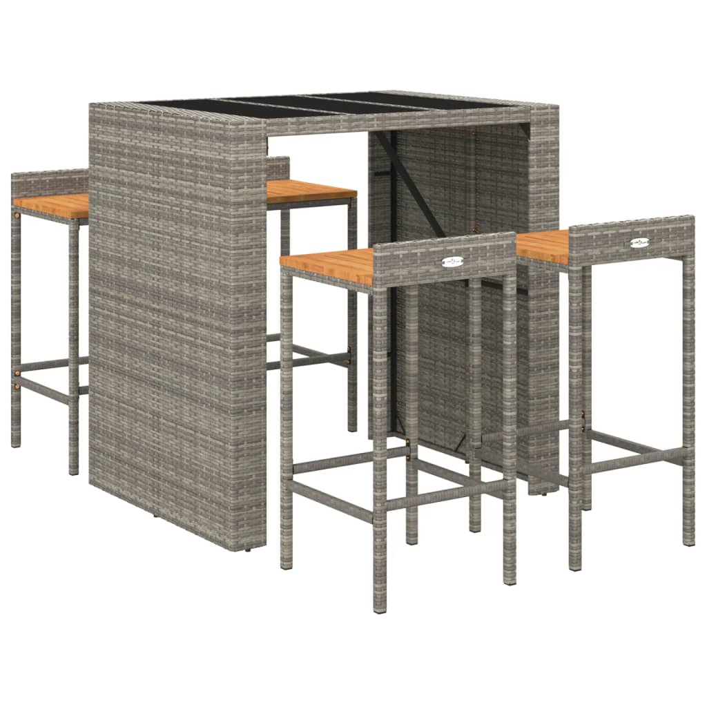 5 Piece Patio Bar Set Gray Poly Rattan& Solid Wood Acacia