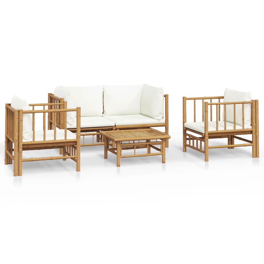 5 Piece Patio Lounge Set with Cream White Cushions Bamboo