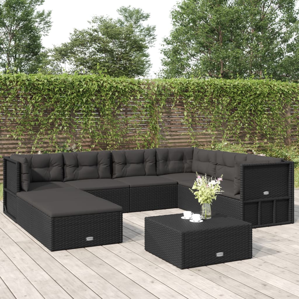 8 Piece Patio Lounge Set with Cushions Black Poly Rattan