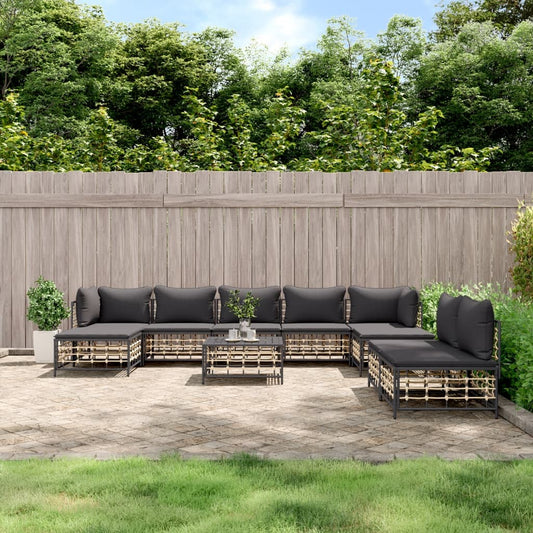 10 Piece Patio Lounge Set with Cushions Anthracite Poly Rattan