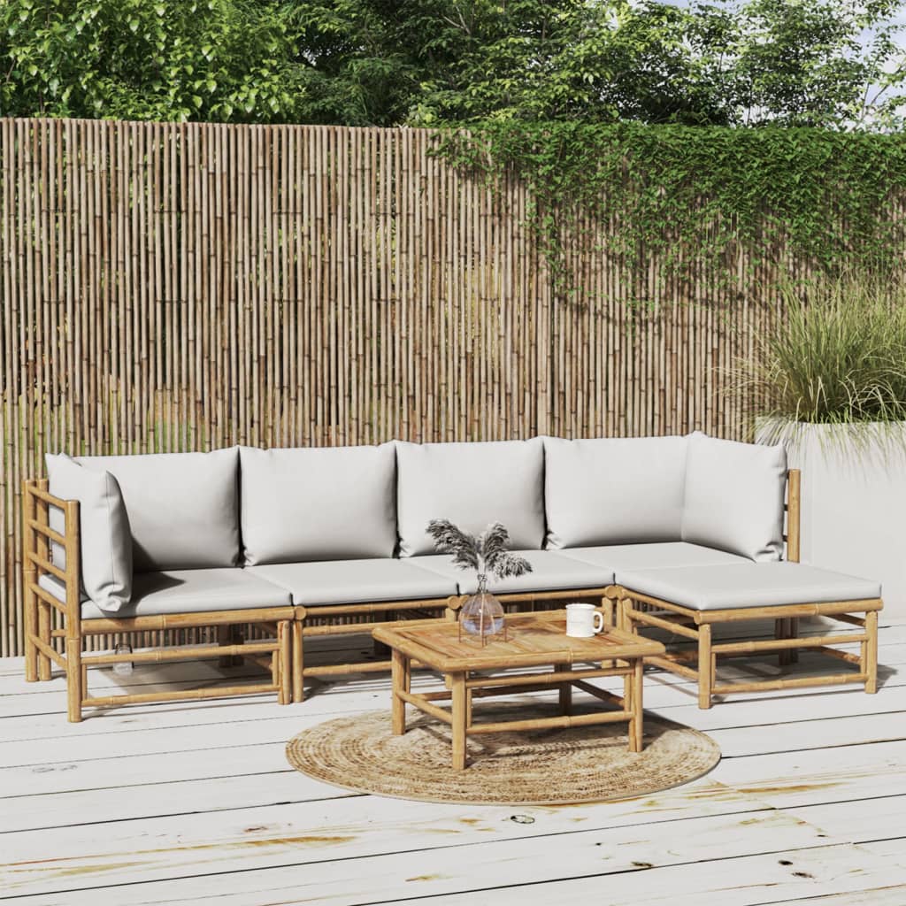 6 Piece Patio Lounge Set with Light Gray Cushions Bamboo