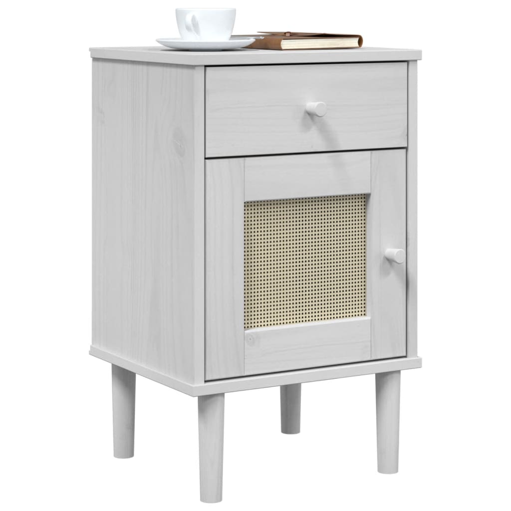 Bedside Cabinet SENJA Rattan Look White 15.7"x13.8"x25.6" Solid Wood Pine