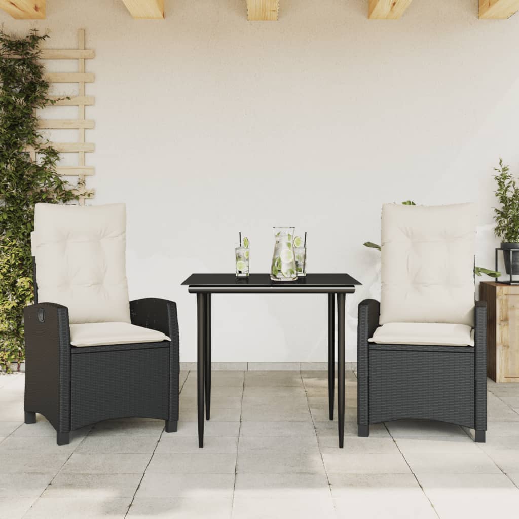 3 Piece Patio Dining Set with Cushions Black Poly Rattan