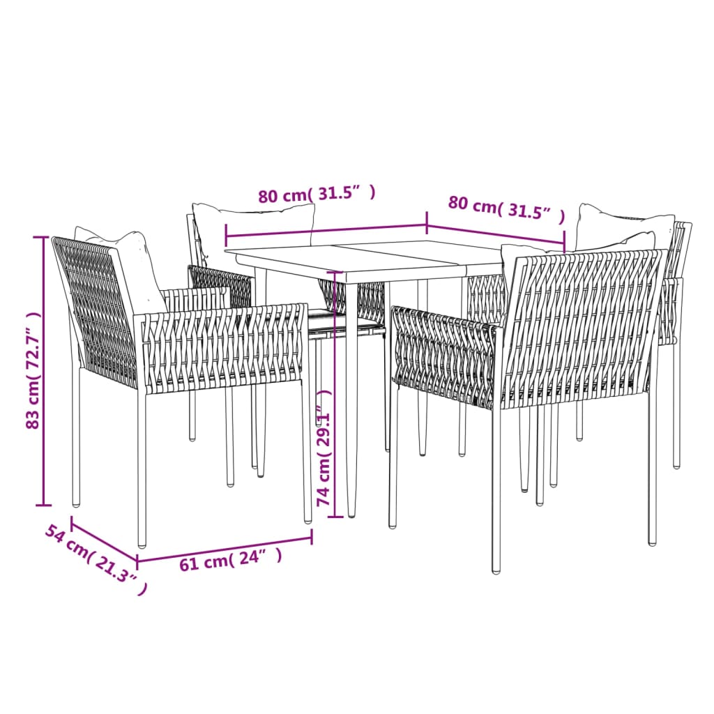 5 Piece Patio Dining Set with Cushions Poly Rattan and Steel