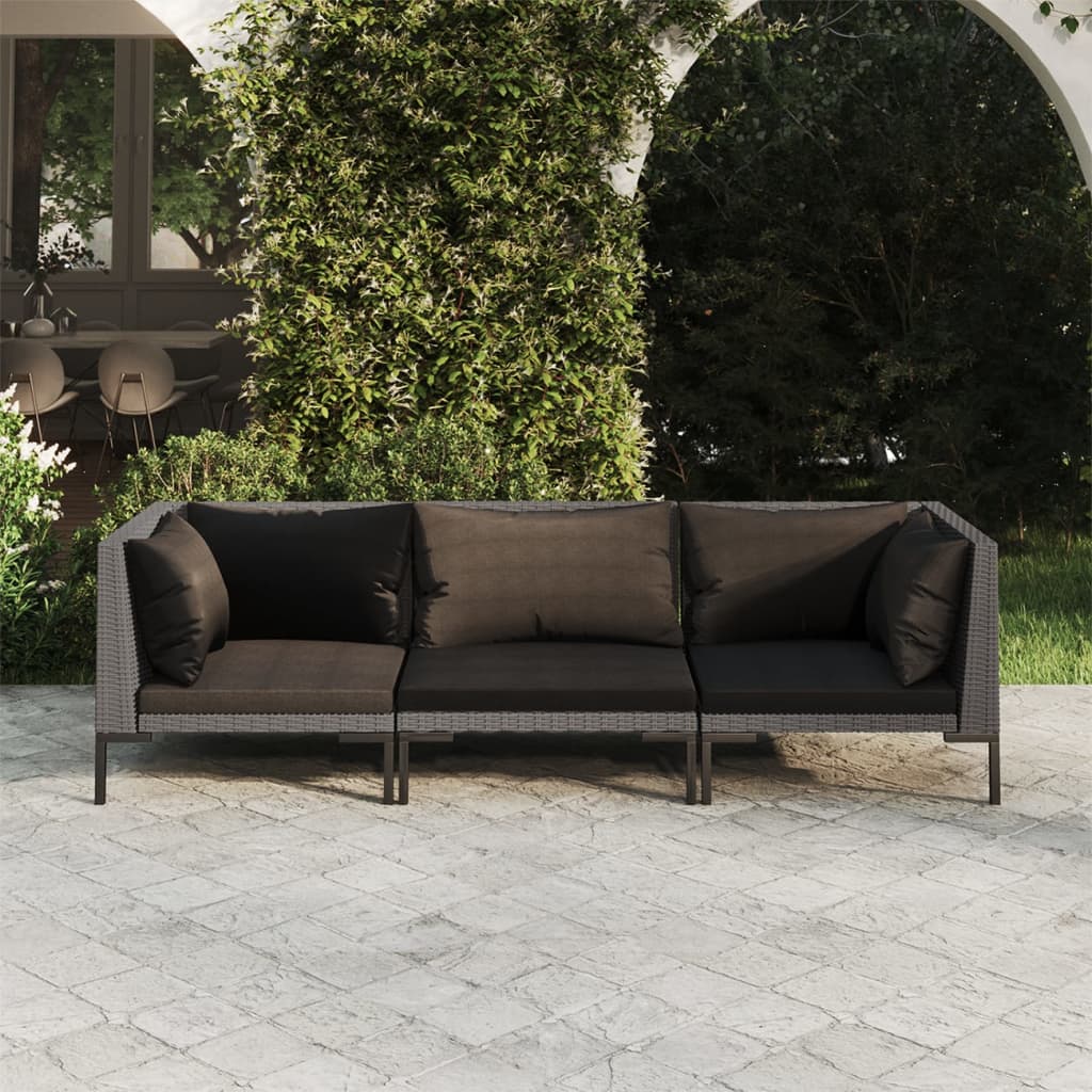 3 Piece Patio Lounge Set with Cushions Poly Rattan Dark Gray