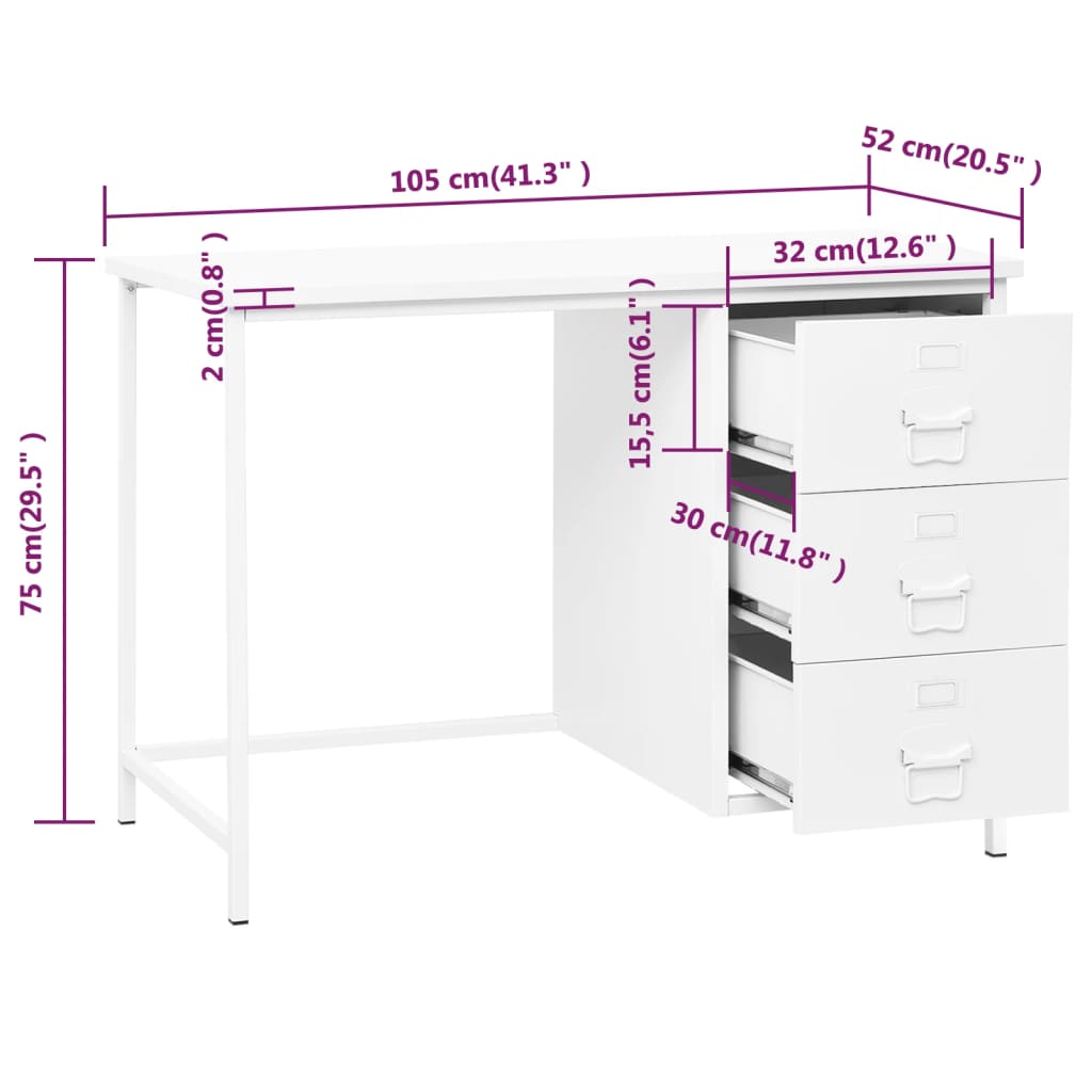 Industrial Desk with Drawers White 41.3"x20.5"x29.5" Steel