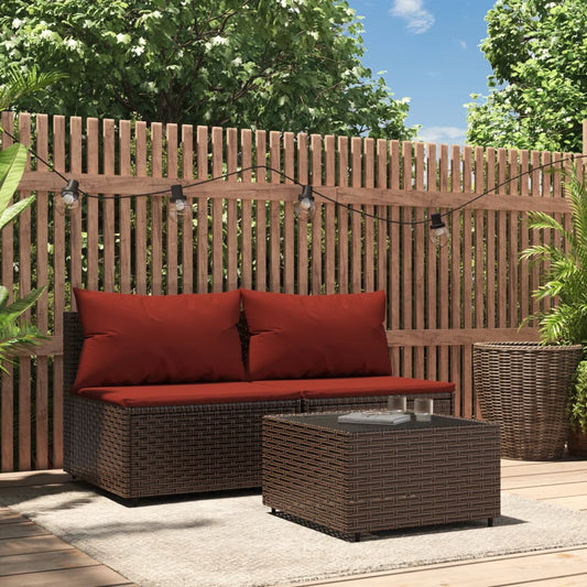 3 Piece Patio Lounge Set with Cushions Brown Poly Rattan