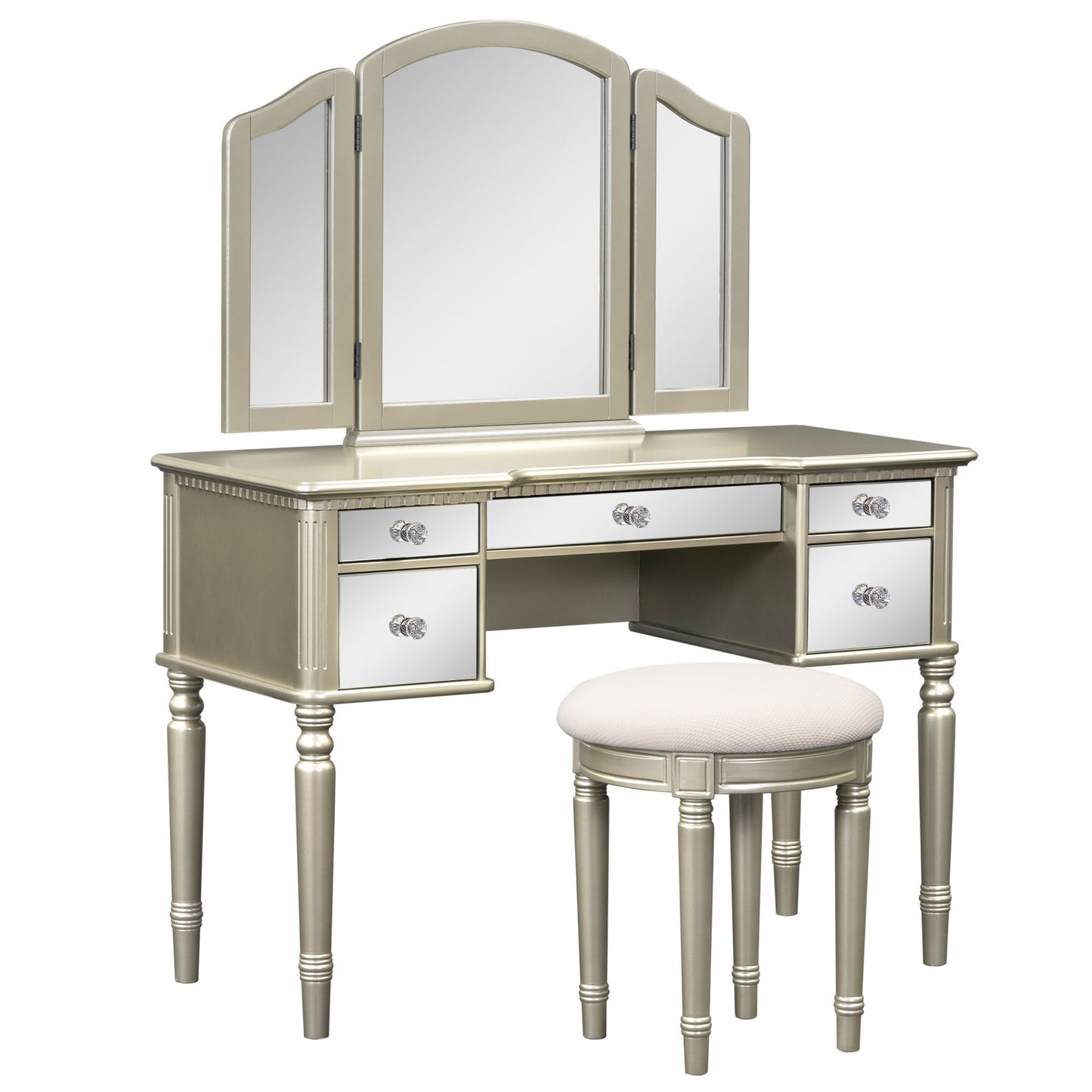 GO 43" Dressing Table Set with Mirrored Drawers and Stool, Tri-fold Mirror, Makeup Vanity Set for Bedroom, Gold