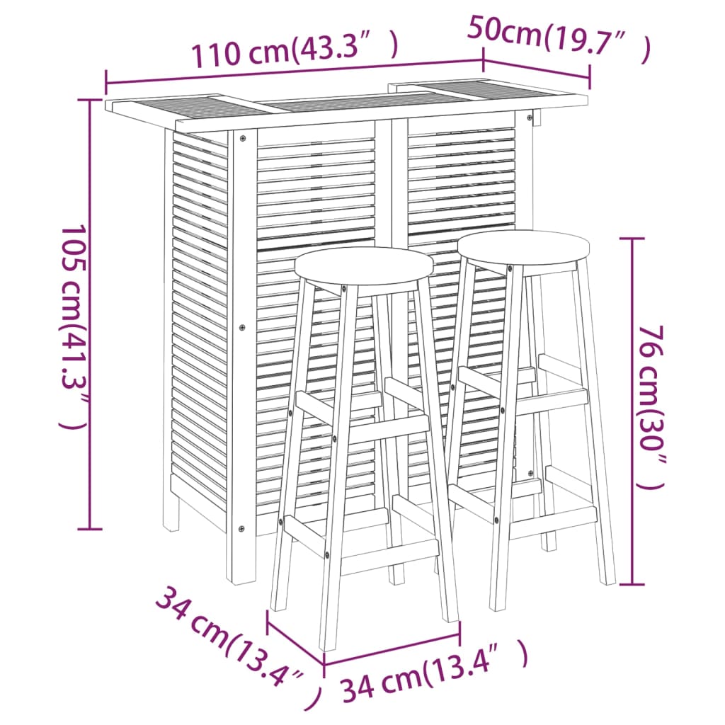 3 Piece Patio Bar Set Solid Wood Acacia