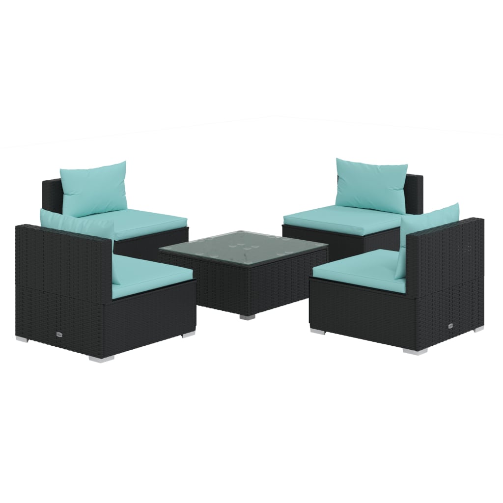 5 Piece Patio Lounge Set with Cushions Poly Rattan Black