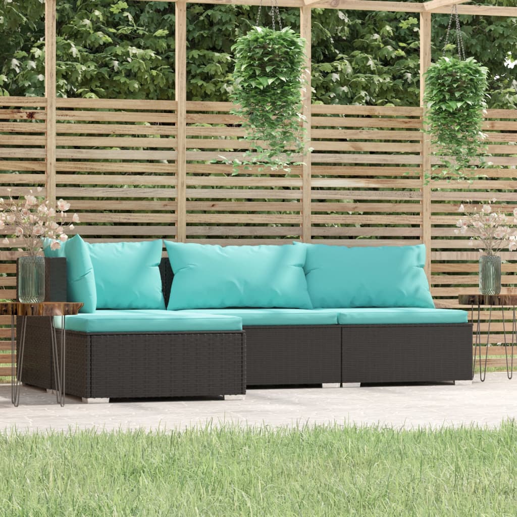 4 Piece Patio Lounge Set with Cushions Black Poly Rattan