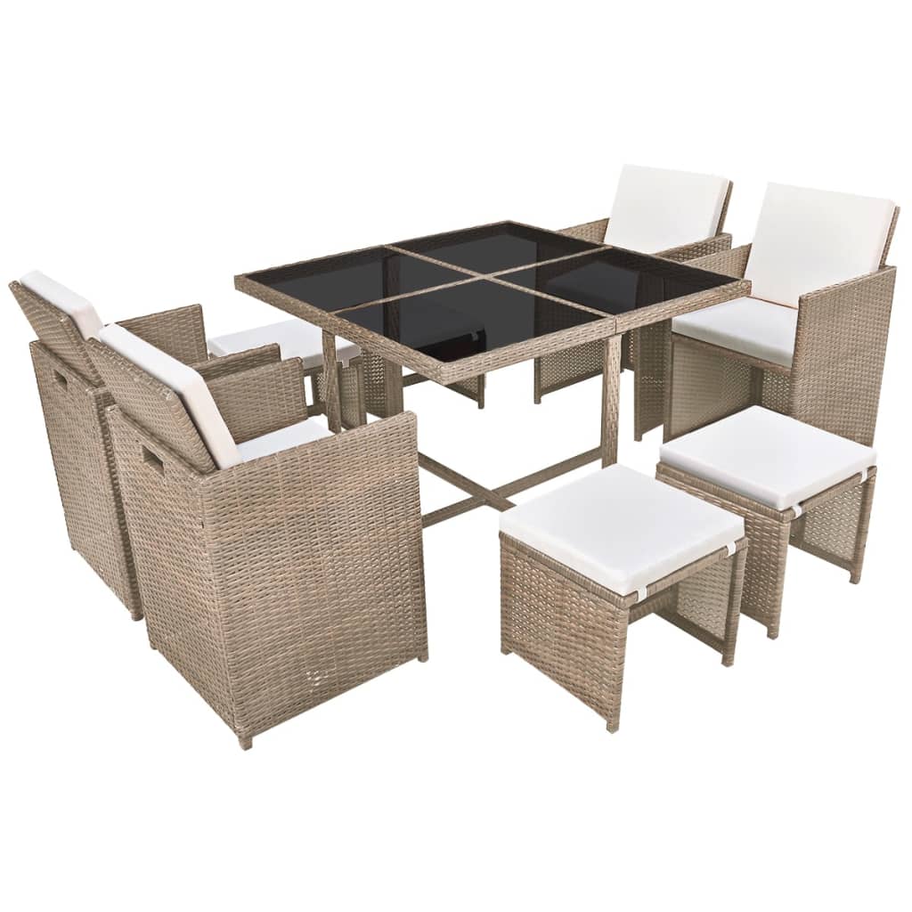 11 Piece Patio Dining Set with Cushions Poly Rattan Beige