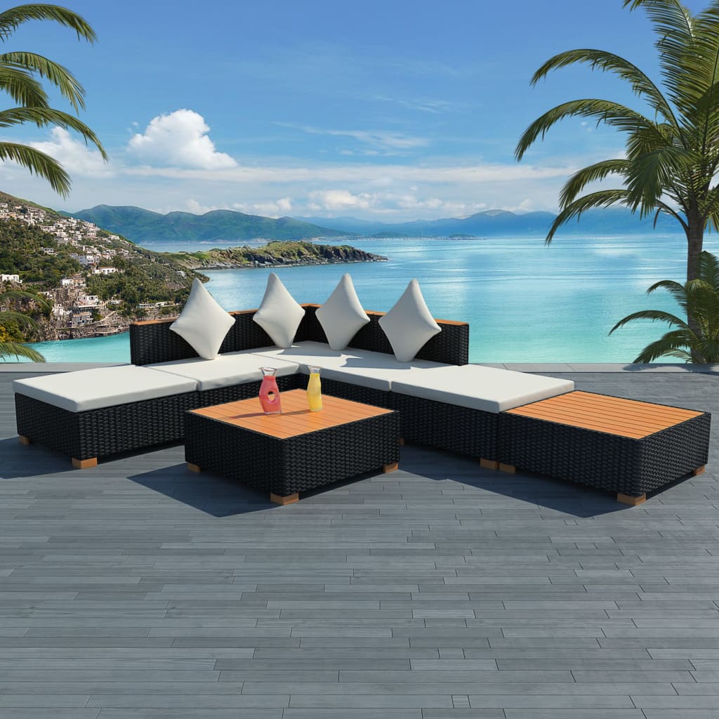 7 Piece Patio Lounge Set with Cushions Poly Rattan Black