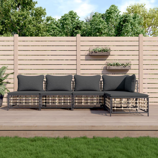 5 Piece Patio Lounge Set with Cushions Anthracite Poly Rattan