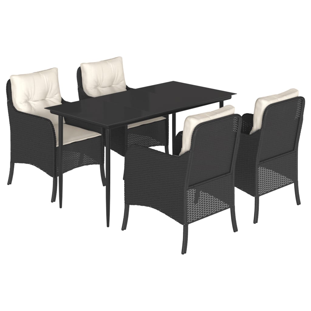 5 Piece Patio Dining Set with Cushions Black Poly Rattan