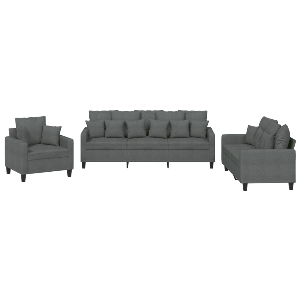 3 Piece Sofa Set with Pillows Dark Gray Fabric