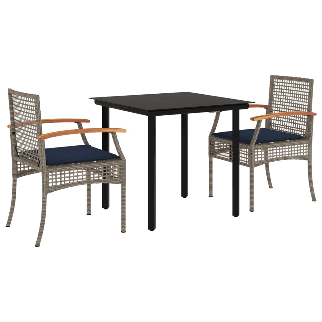 3 Piece Patio Dining Set with Cushions Gray Poly Rattan