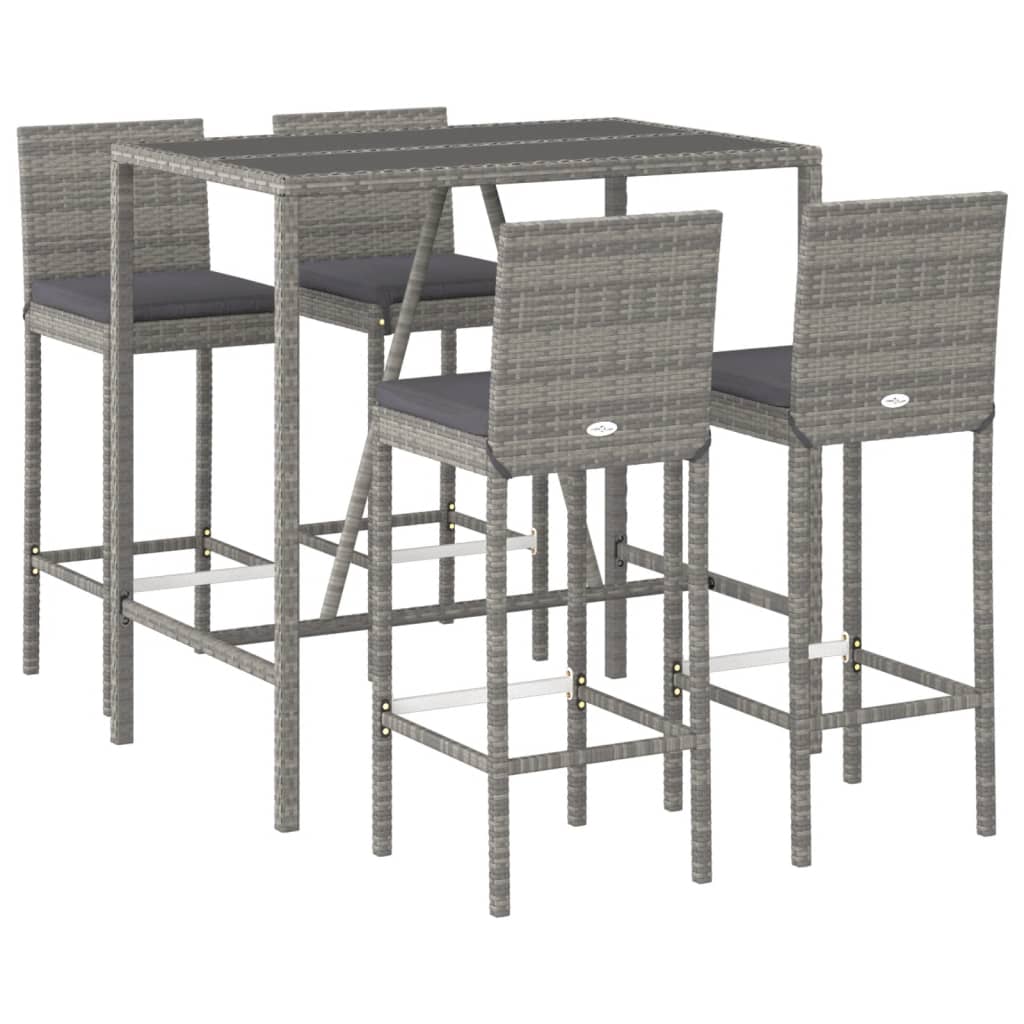 5 Piece Patio Bar Set with Cushions Gray Poly Rattan