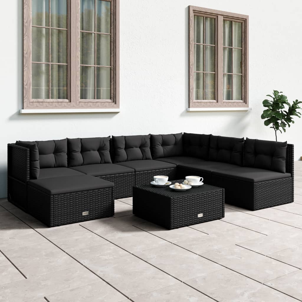 7 Piece Patio Lounge Set with Cushions Black Poly Rattan