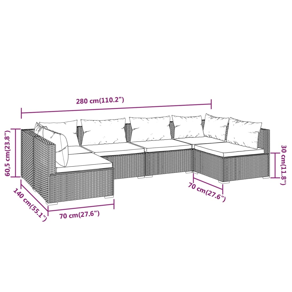 6 Piece Patio Lounge Set with Cushions Poly Rattan Black