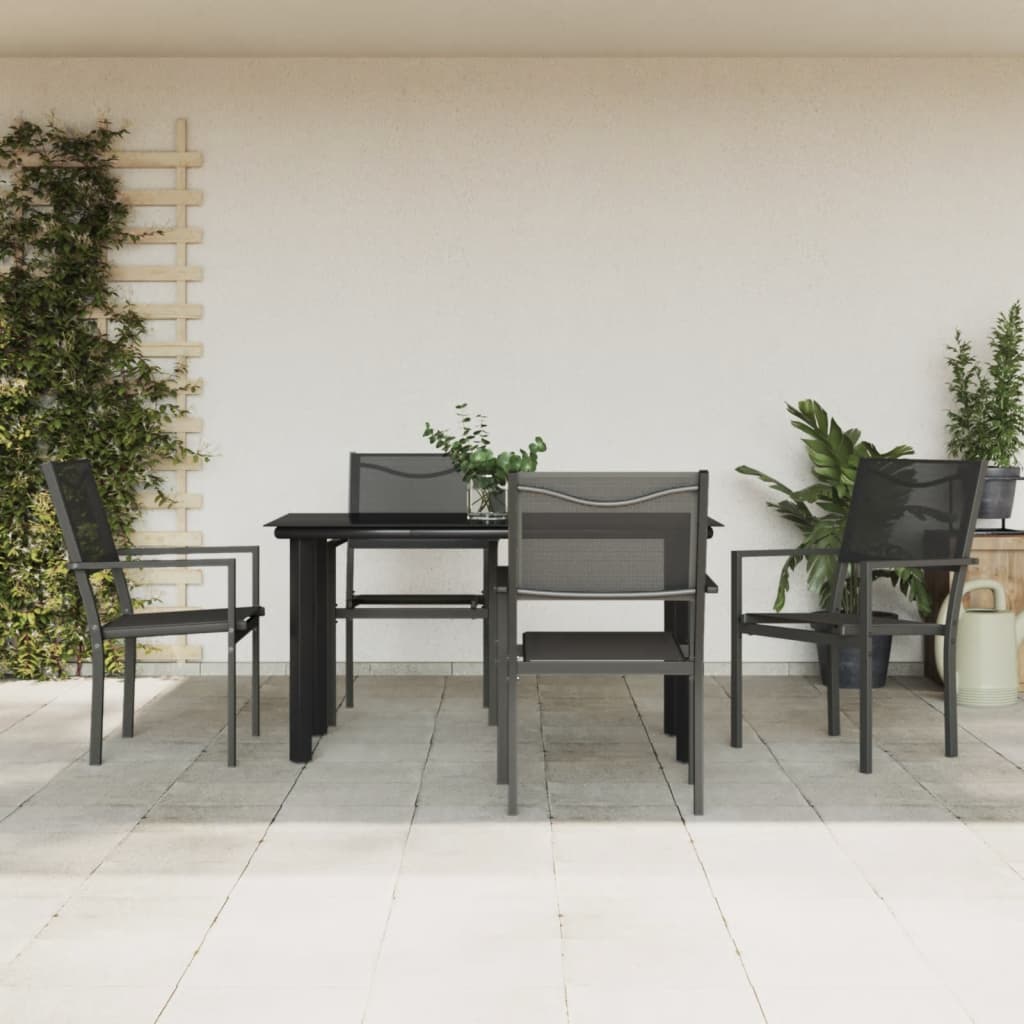 5 Piece Patio Dining Set Black Steel and Textilene