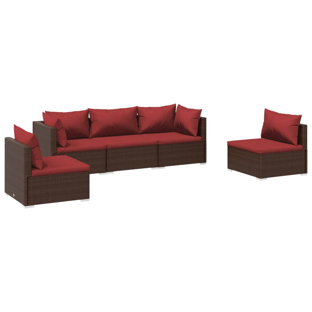 5 Piece Patio Lounge Set with Cushions Poly Rattan Brown