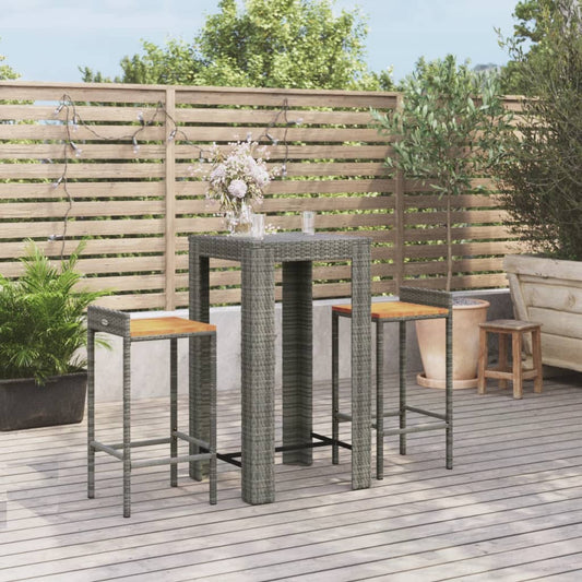 3 Piece Patio Bar Set Gray Poly Rattan&Solid Wood Acacia