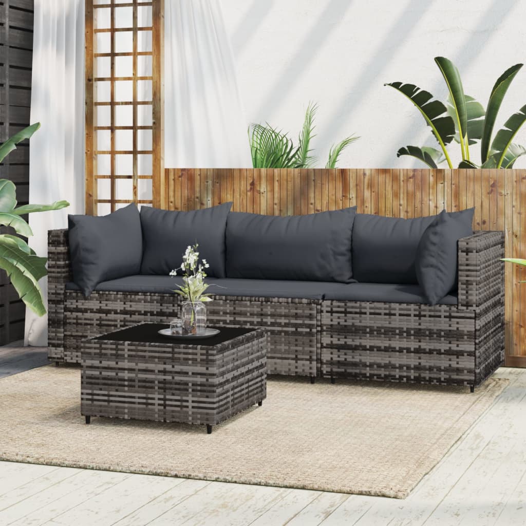 4 Piece Patio Lounge Set with Cushions Gray Poly Rattan