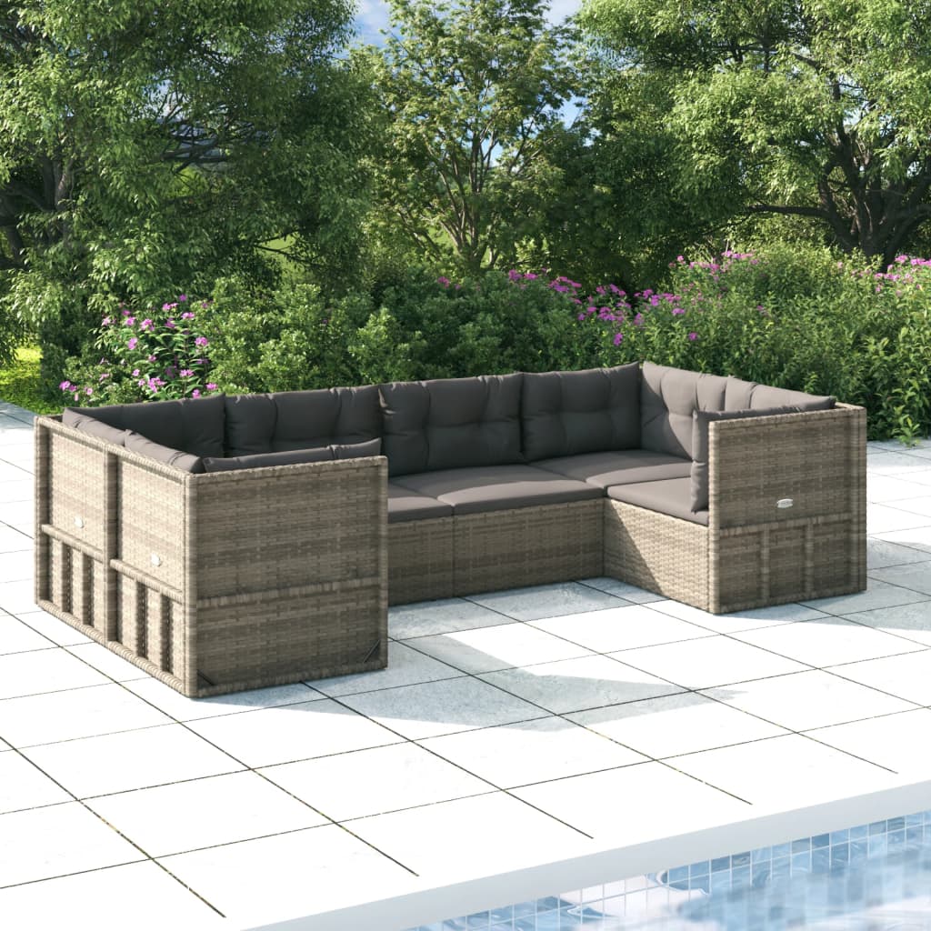 6 Piece Patio Lounge Set with Cushions Gray Poly Rattan