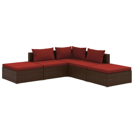 5 Piece Patio Lounge Set with Cushions Poly Rattan Brown