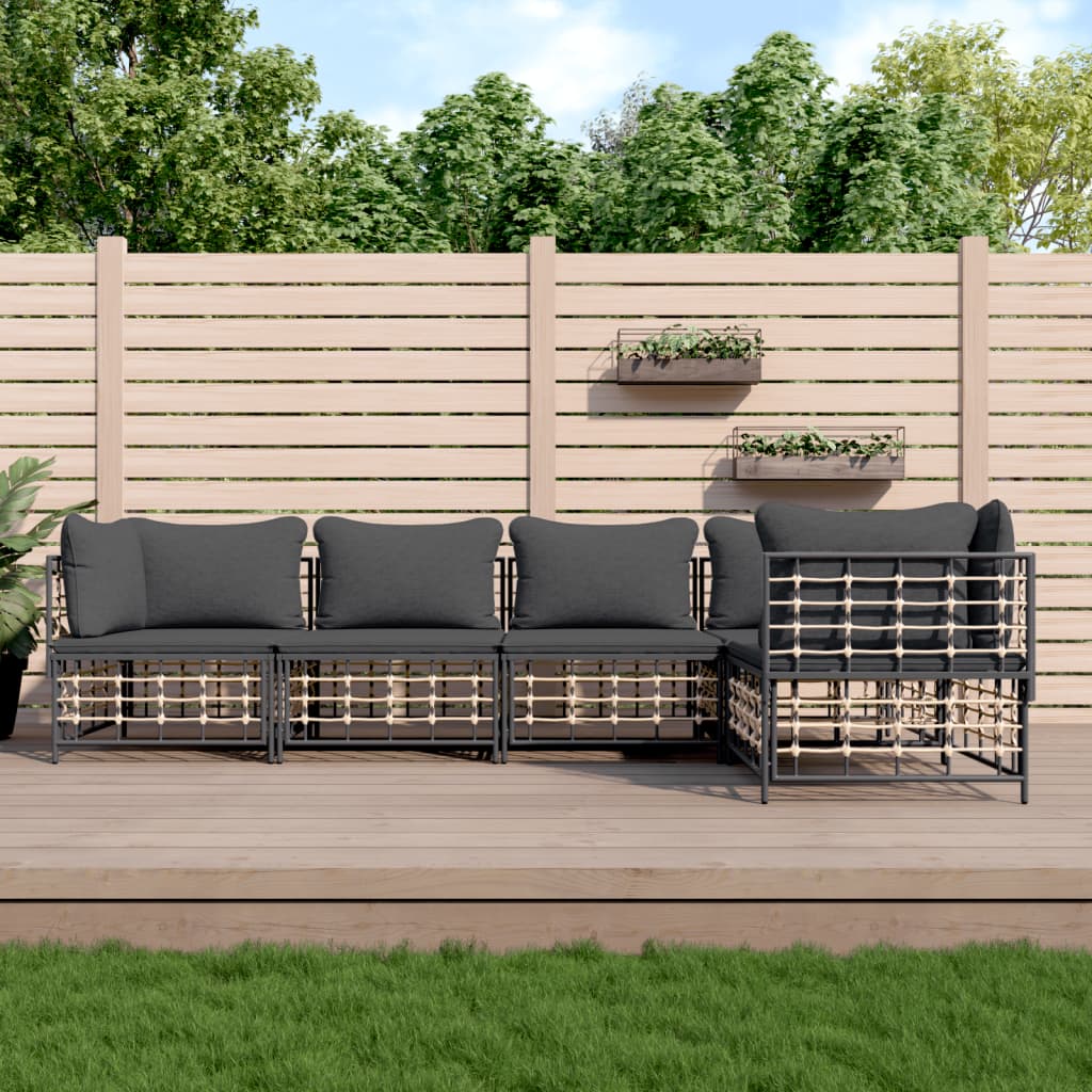 5 Piece Patio Lounge Set with Cushions Anthracite Poly Rattan