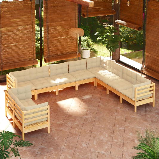 10 Piece Patio Lounge Set with Cream Cushions Solid Pinewood