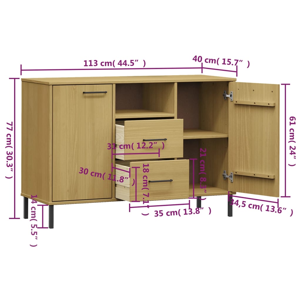 Sideboard with Metal Legs Brown 44.5"x15.7"x30.3" Solid Wood OSLO